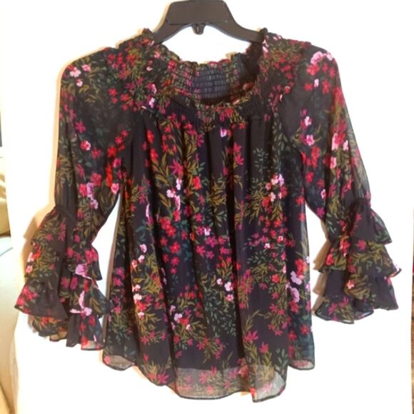 Sheer Dark Floral Print Ruffle Long Sleeve Whimsigoth Boho Womens Top Sz M - Picture 2 of 6